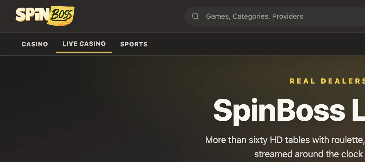 Page du casino en direct de SpinBoss (interface anglaise), capturée sur spinboss.live, 7 septembre 2026